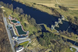 Aerial view, outdoor swimming pool Wickede (Ruhr) and Fröndenberger Wehr at the river Ruhr,