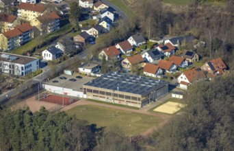 Aerial view, Gerken sports hall with solar roof, sports field and football pitch, Echthausen,