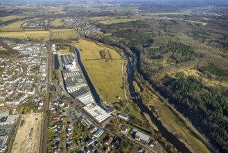 Aerial view, Wickeder Westfalenstahl factory premises, river Ruhr and Ruhraue at the forest, behind