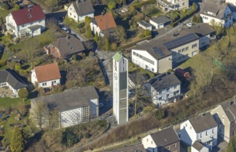Aerial view, Evangelical Church of Christ and free-standing church tower, Jahnstraße, Echthausen,