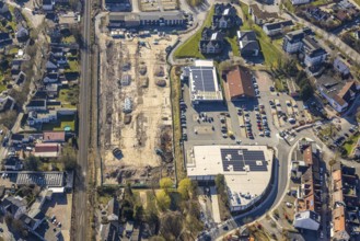 Aerial view, construction site Am Park, shopping centre with Aldi supermarket, Edeka Heder and
