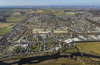 Aerial view, river Ruhr and local view residential area Wickede, Echthausen, Wickede, Soester