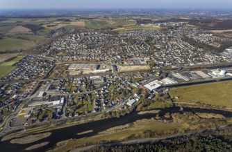 Aerial view, river Ruhr and local view residential area Wickede, Echthausen, Wickede, Soester