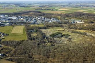Aerial view, commercial area Westerhaar, meadows and fields, at the federal road B63, Waltringen,