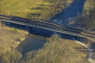 Aerial view, river Ruhr with railway bridge, Wickede, Soester Börde, North Rhine-Westphalia,