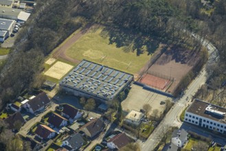 Aerial view, Gerken sports hall with solar roof, sports field and football pitch, Echthausen,