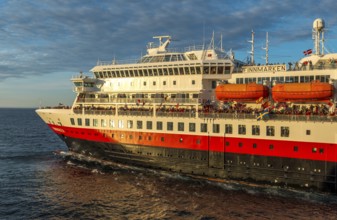 Tourists at the ship's railing, ship MS Finnmarken, Mehamn, Finnmark, Norway, Scandinavia, Europe,
