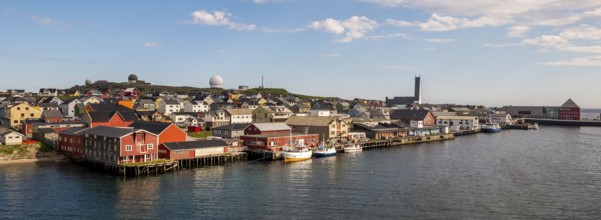 Panorama, Vardø Observatory, harbour with fishing boats, church and view of Vardø, Finnmark,