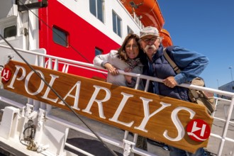Ship MS Polarlys Tourists at the railing, Bjørnevatn, Finnmark, Norway, Scandinavia, Europe,