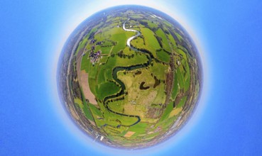 Aerial view, river Lippe meander Lippe meadows from Werne to Heil, agricultural business farmer