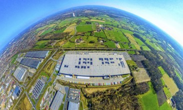 Aerial photography, Amazon logistics, Amazon DE DTM1, earth globe, fisheye shot, fisheye shot, 360