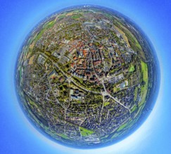 Aerial view, residential area, view of town centre, earth globe, fisheye shot, fisheye shot, 360