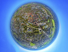 Aerial view, residential area, view of town centre, earth globe, fisheye shot, fisheye shot, 360