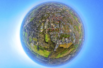Aerial view, residential area local view Werne-Stockum, earth globe, fisheye shot, fisheye shot,
