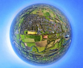 Aerial view, residential area local view Werne-Stockum, earth globe, fisheye shot, fisheye shot,