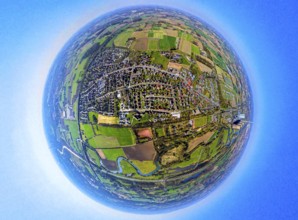 Aerial view, residential area local view Werne-Stockum, earth globe, fisheye shot, fisheye shot,