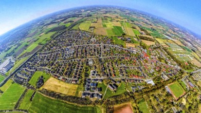 Aerial view, residential area local view Werne-Stockum, earth globe, fisheye shot, fisheye shot,