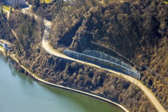 Aerial view, beach path - hiking trail and cycle path at the Harkortsee, catchment grid on the