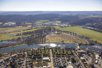 Aerial view, residential area Ringstraße am Obergraben and river Ruhr with community waterworks