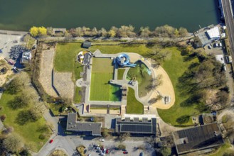 Aerial view, nature outdoor swimming pool with water slide, Wetter, Ruhr area, North