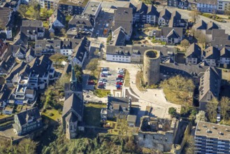 Aerial view, old town Wetter with castle Wetter (round tower), protestant parish Wetter-Freiheit