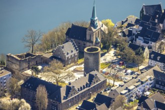 Aerial view, old town Wetter with castle Wetter (round tower), protestant parish Wetter-Freiheit