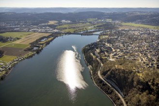 Aerial view, Harkortsee with sun reflection and view to the Obergrabenbrücke, on the right Wetter