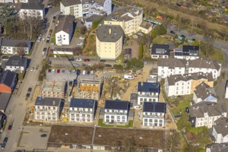 Aerial view, construction site with new residential buildings on Steinstraße, behind senior