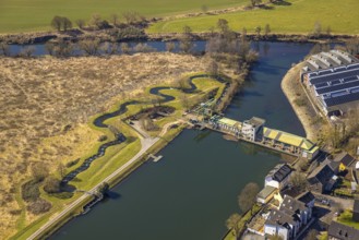 Aerial view, Harkort Weir power station with fish ladder at the Obergraben, Wetter, Ruhr area,