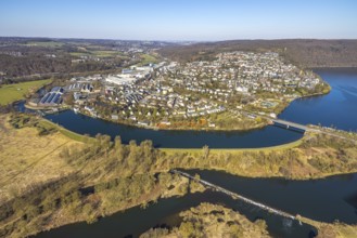 Aerial view, local view residential area with river Ruhr and Obergraben and Obergrabenbrücke