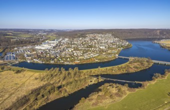 Aerial view, local view residential area with river Ruhr and Obergraben and Obergrabenbrücke