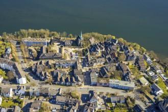 Aerial view, old town Wetter with castle Wetter (round tower), protestant parish Wetter-Freiheit