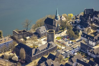 Aerial view, old town Wetter with castle Wetter (round tower), protestant parish Wetter-Freiheit