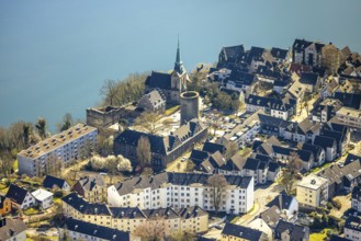 Aerial view, old town Wetter with castle Wetter (round tower), protestant parish Wetter-Freiheit