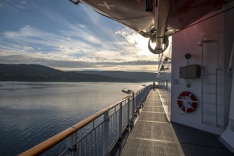 Ship railing in the evening light, Mehamn, Finnmark, Norway, Scandinavia, Europe, adventure travel,