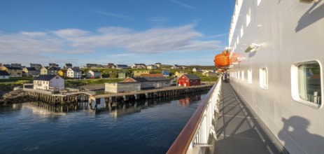 Ship railing and town view, Mehamn, Finnmark, Norway, Scandinavia, Europe, adventure travel,