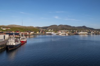 Town view and harbour, Mehamn Church, Mehamn, Finnmark, Norway, Scandinavia, Europe, adventure