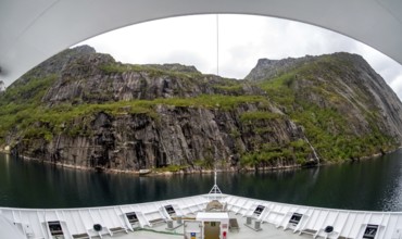 Cruise in a fjord, ship bow, Digermulen, Nordland, Norway, Scandinavia, Europe, adventure trip,