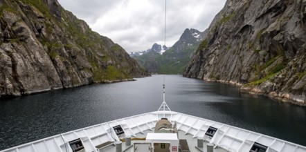 Cruise in a fjord, ship bow, Digermulen, Nordland, Norway, Scandinavia, Europe, adventure trip,