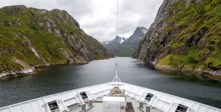 Cruise in a fjord, ship bow, Digermulen, Nordland, Norway, Scandinavia, Europe, adventure trip,