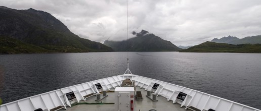 Cruise in a fjord, ship bow, Digermulen, Nordland, Norway, Scandinavia, Europe, adventure trip,