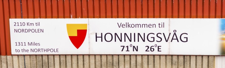 Place name sign Welcome with GPS data, Havøysund, Finnmark, Norway, Scandinavia, Europe, adventure