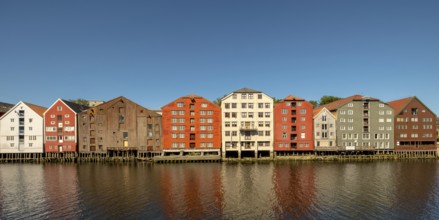 Warehouse city, picturesque colourful houses and commercial buildings on the river Nidelva, pile
