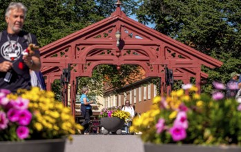 Gamle Bybro, historic bridge with red portals, Trondheim, Trøndelag, Norway, Scandinavia, Europe,