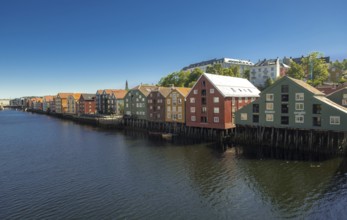 Picturesque colourful residential houses and commercial buildings on the river Nidelva, pile