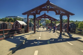 Gamle Bybro, historic bridge with red portals, Trondheim, Trøndelag, Norway, Scandinavia, Europe,
