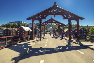 Gamle Bybro, historic bridge with red portals, Trondheim, Trøndelag, Norway, Scandinavia, Europe,