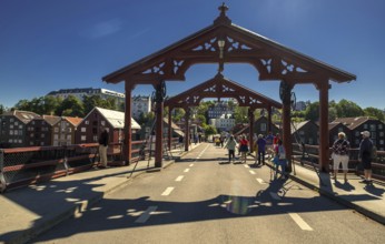 Gamle Bybro, historic bridge with red portals, Trondheim, Trøndelag, Norway, Scandinavia, Europe,