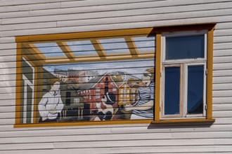 Painting on house facade, window, Trondheim, Trøndelag, Norway, Scandinavia, Europe, adventure