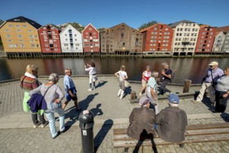 Warehouse city, picturesque colourful houses and commercial buildings on the river Nidelva, pile